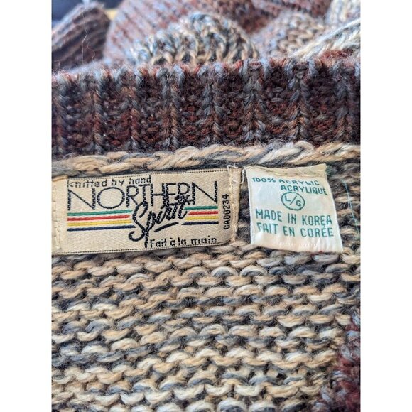 Vintage 90s Hand Knit Sweater Pullover L Brown Nordic Cabin Granola Fair Isle - Picture 4 of 5